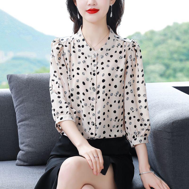 M-4XL Print Chiffon Shirt Women's Top Spring Autumn New Fashion Age Reducing Temperament 3/4 Sleeve Bottoming Blouse