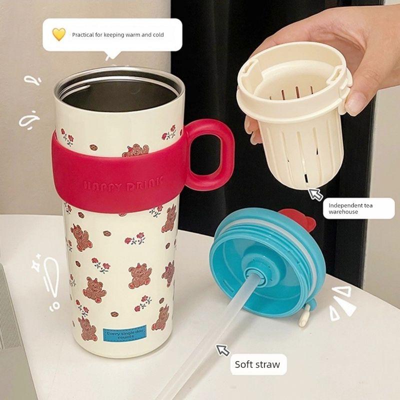 Japanese Imported Cute Rabbit and Bear Large Capacity Thermos Cup, Cold-Keeping Ice Cup, High Aesthetic Value, with Straw, for Girls, Office Use