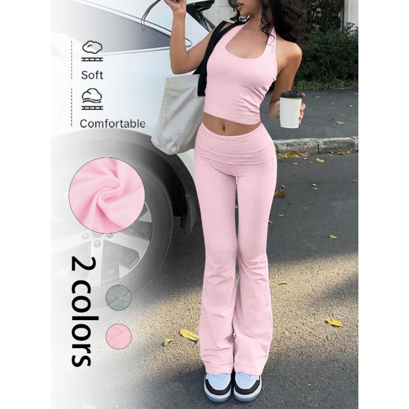 

Женский весенне-летний новый модный уличный образ однотонный с вырезом на шее без спины маленький жилет облегающие брюки костюм XL розовый