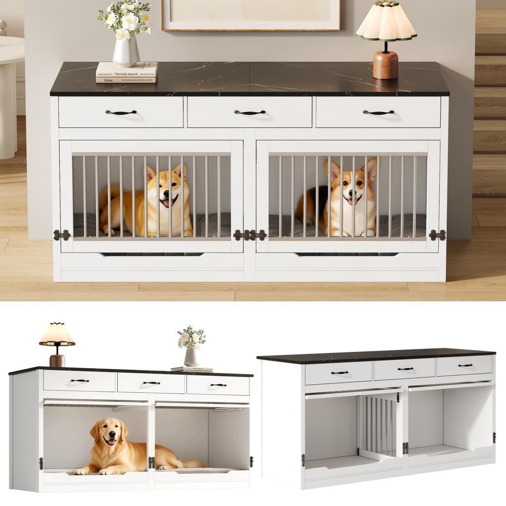 Holz-Metall Hundebox, für 2 Hunde, mit Schlossverschluss, Aufklappbare Tür, Herausnehmbare Trennwand, 3 Schubladen, Weiß & Schwarz, Übergröße, Maße 164×60×81 cm