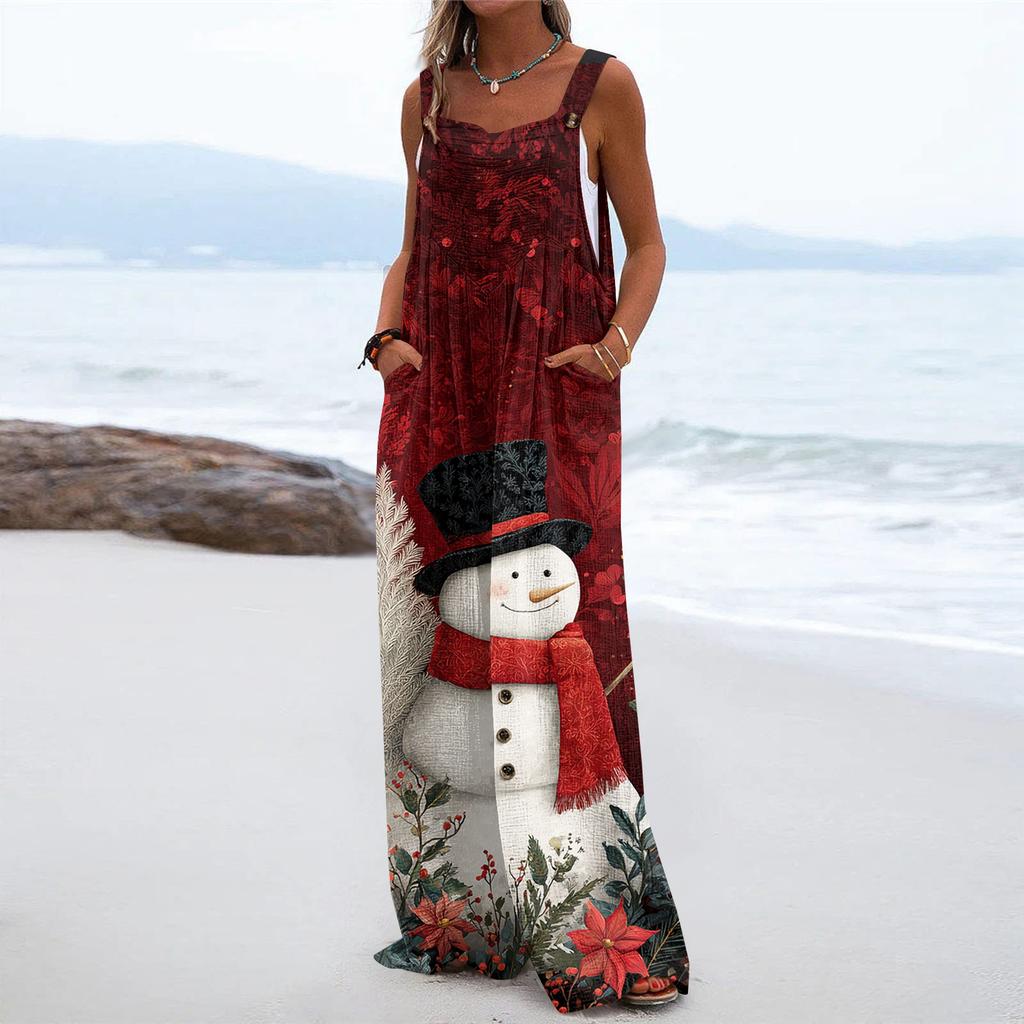 Women's Christmas Print Solid Wide Leg Strapless Tank Pocket Casual Onesie