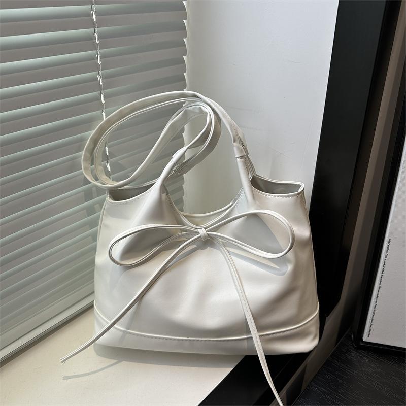 

Sweet Bow Women Commuter Shoulder Bags Candy Color Large Capacity Ladies Handbags Simple Pu Leather Female Bucket Tote Bag бежевый