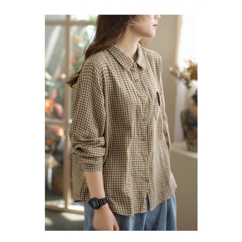 2026 Double-Layer Cotton Women's Plaid Shirt - Korean Style, Loose, Retro, Slimming