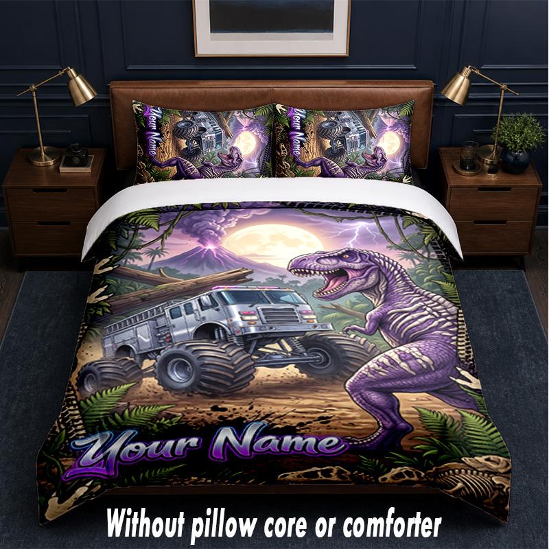 Monster Truck Theme Custom Text Or Name 3Pcs Bedding Set,1 Flat Sheet & 2 Pillowcases Personalized Home Bedding