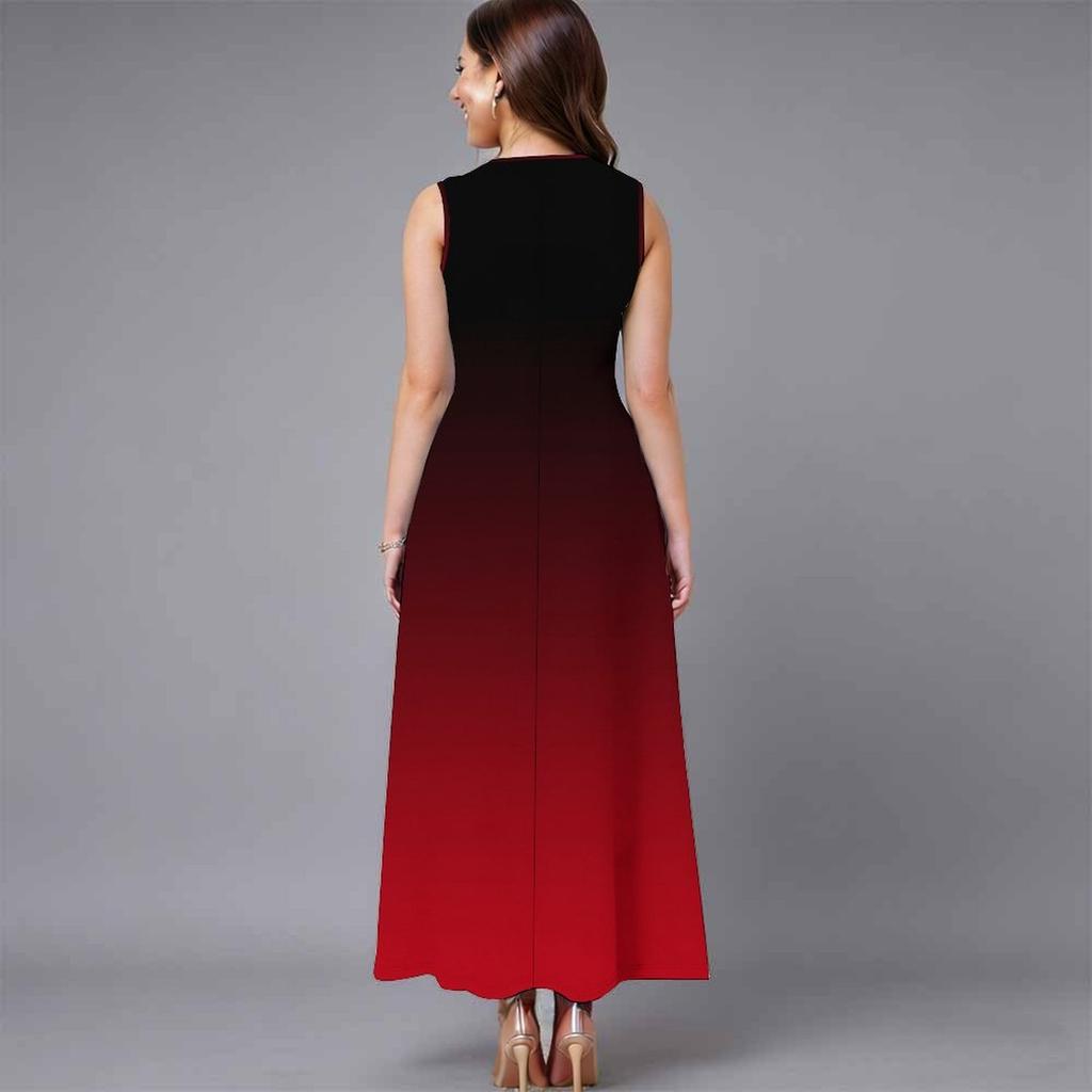 Women Plus Size Sleeveless Crew Neck Dress Charming Ditsy Floral Loose Mid Length Gown