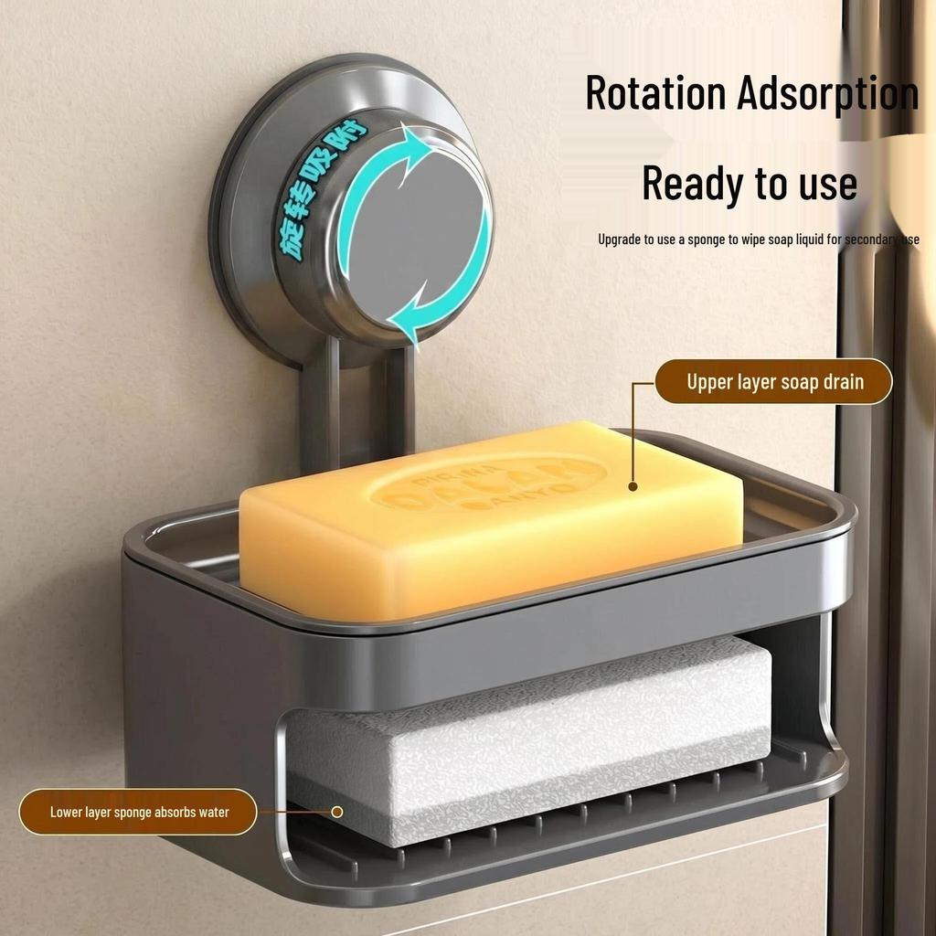Suction Cup Double-Layer Wall-Mounted Soap Dish with Drainage
