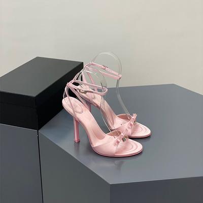 2025 New Summer Bow Satin Heels, Feminine Rhinestone Letters, Stiletto Heels, Open-toe Sandals, Black Pink Womens Shoes Sandals