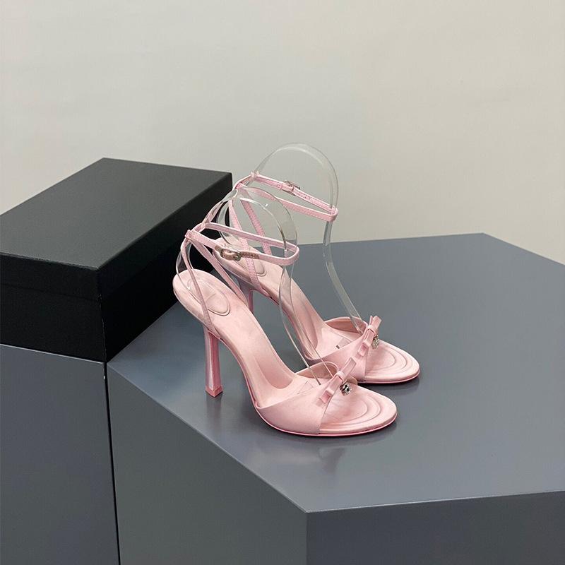 

New summer bow satin high heels women s sexy rhinestone letter thin heel open toe cool slippers pink 34