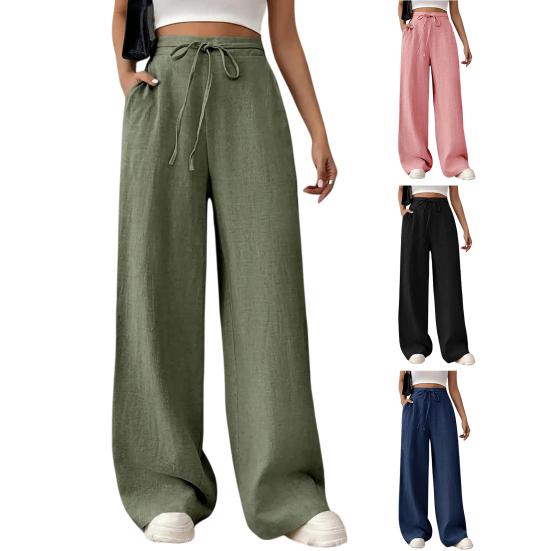 Women Pants Loose Fit Elastic Waist Straight Wide Leg Casual Pants with Pockets Pure Color Work Travel Trousers Daily Wear