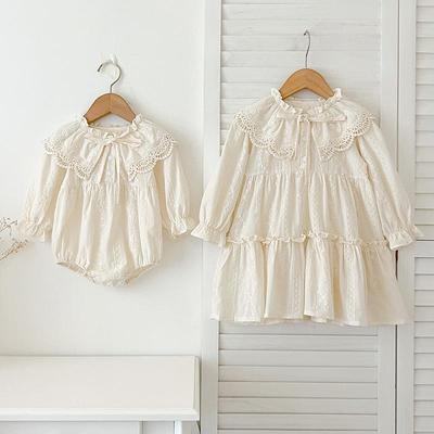 Girls' Long Sleeve Lace Jumpsuit Dress - Korean Style Princess Romper for Baby and Toddler Sisters.