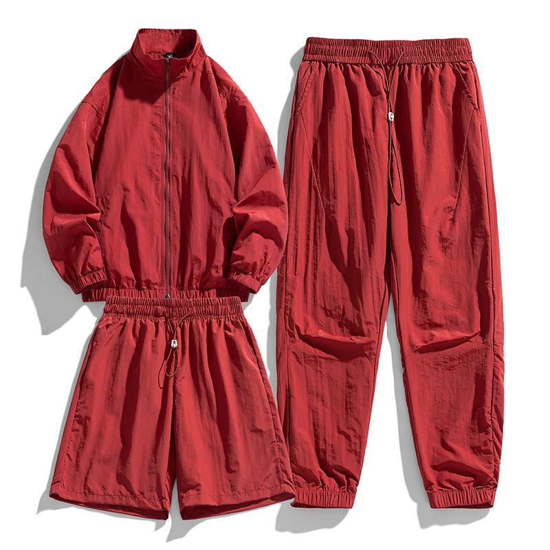 Men's Casual Ice Silk Tracksuit Jacket Shorts And Trousers 3pcs Suit Running Fitness Jacket Suit Male Sportswear Set