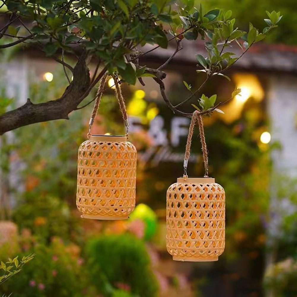 Outdoor Hanging Light with Handle Solar Rattan Lantern Waterproof Solar Powered Retro Pendant Light for Yard Patio Lawn Pathway