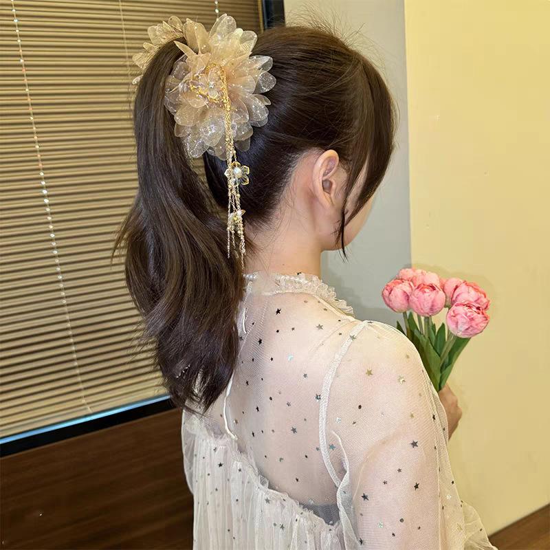 

Модная заколка для волос с цветочным орнаментом и кисточками для женщин и девушек, заколка для хвоста в виде акулы, головной убор, стильный аксессуар для волос, подарок. шампанского