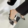 Summer new rhinestone bow pointed head bag head empty thin heel high heel large size catwalk slippers women