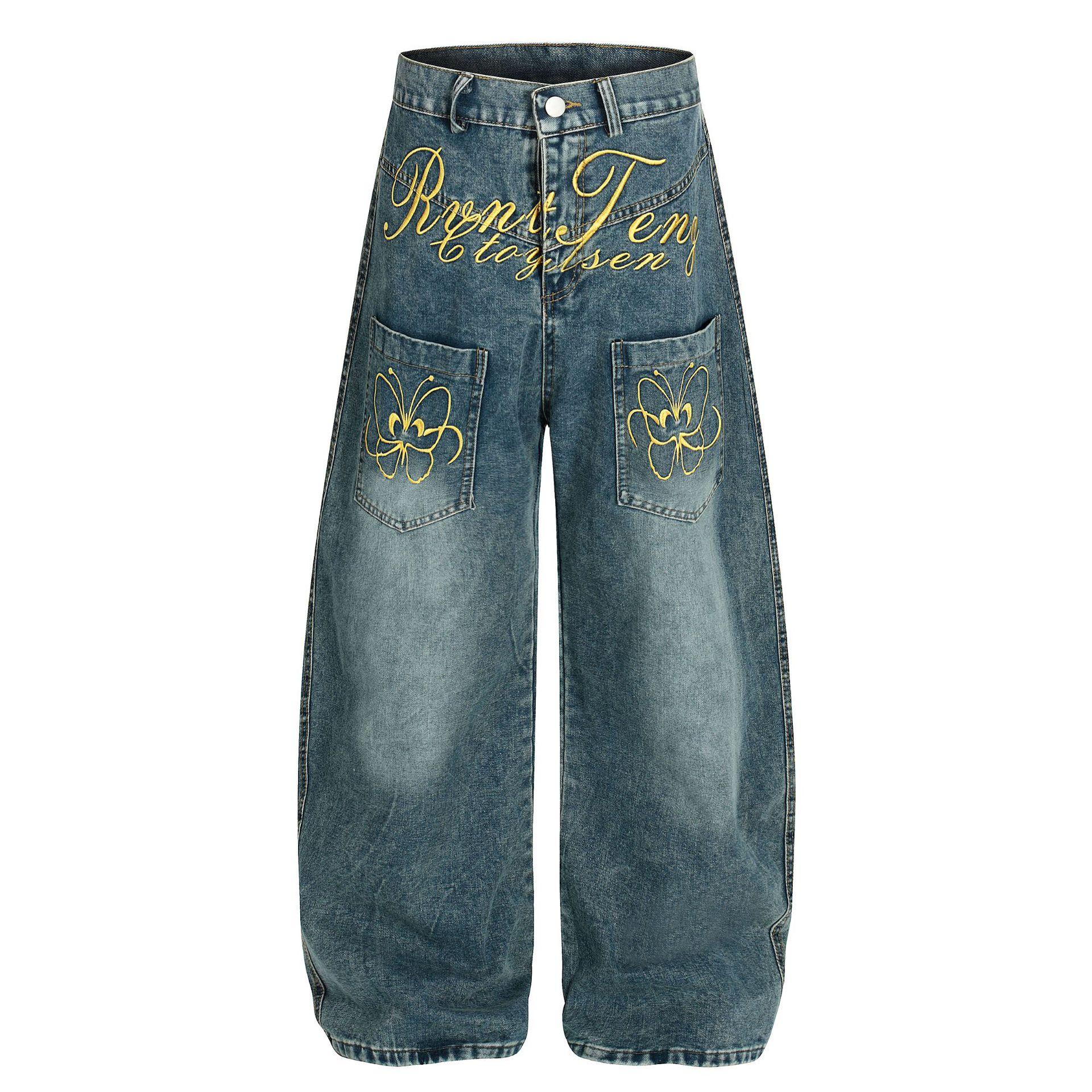 Men s American retro embroidered scimitar jeans men s vibe loose wide-leg trousers S синий