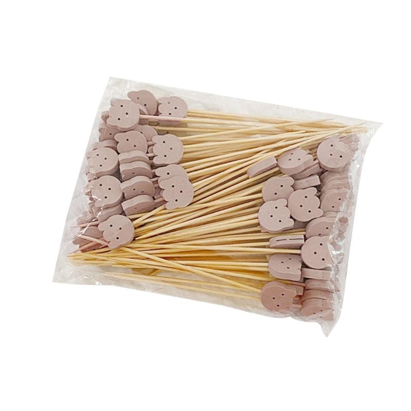 100Pcs Bamboo Cute Bear Cocktails Pick Wood Fruit Stick Dessert Fork Appetizers Toothpicks Party Decorative Food Pick 1
