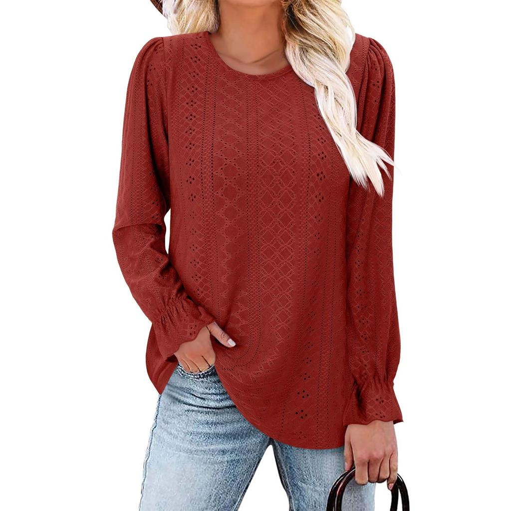 Women's Fashionable Solid Color Round Neck Long Sleeved Casual Loose Top