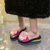 Fairy flower high-heeled one-word slippers 2025 summer wear fashion with skirt thick-bottomed slope heel beach cool slippers
