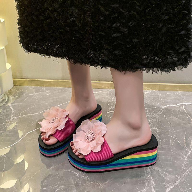 Fairy flower high-heeled one-word slippers 2025 summer wear fashion with skirt thick-bottomed slope heel beach cool slippers