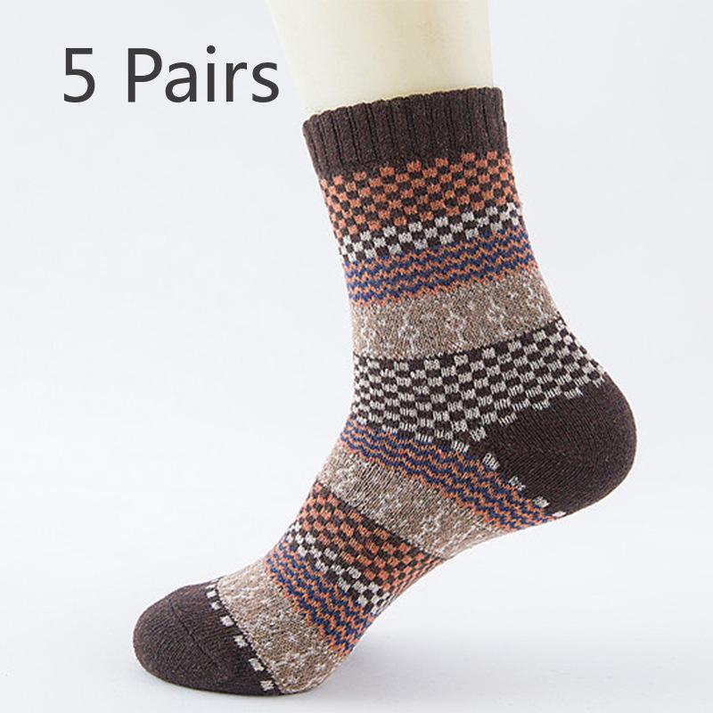 5 Pairs of Men's Autumn and Winter Rabbit Wool Socks, Mid-calf Men's Socks, Small Checkered, Retro Ethnic Style