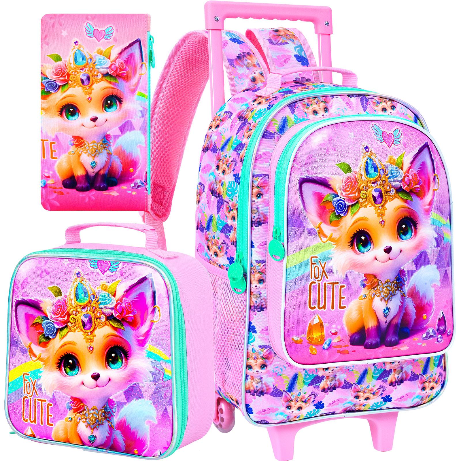 3Pcs Rolling Backpack for Girls, Kids Roller School Backpack with Wheels, Fox Wheeled Bookbag for Elementary Preschool Kindergar