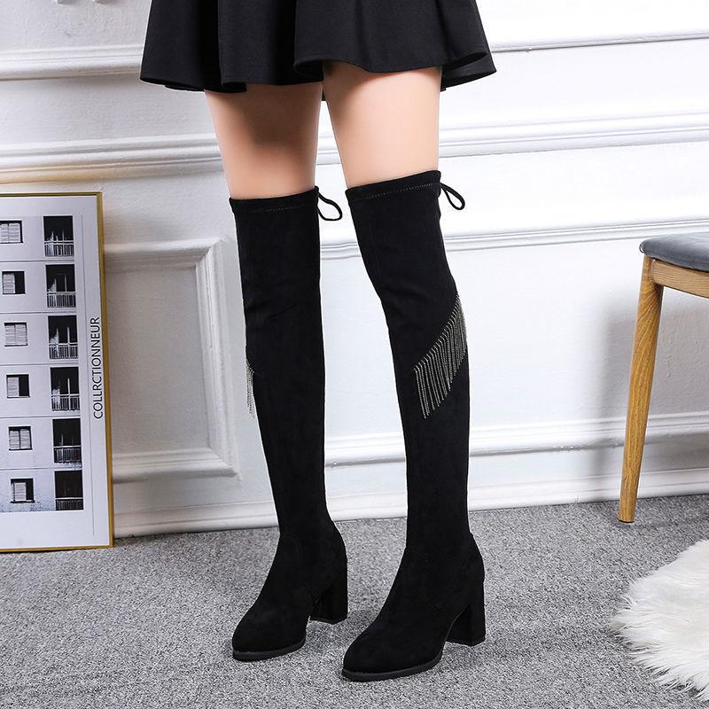 Shoes for Women Elastic Footwear Thigh High Ladies Boots Above Over The Knee Tassel Rhinestone 2024 New Trend Pu On Promotion In