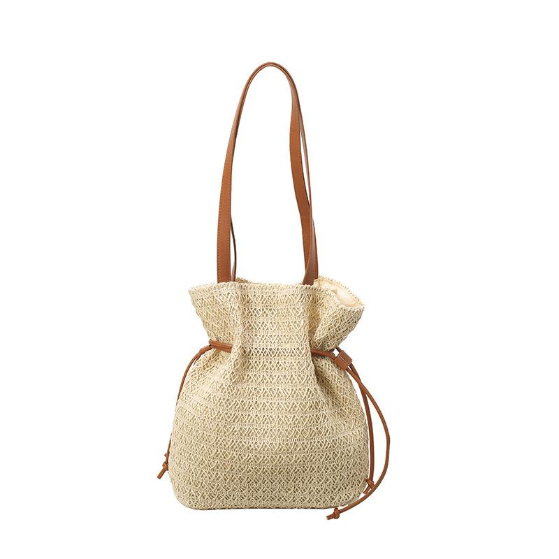 Casual Large-capacity Bag Women's New Drawstring Woven Seaside Vacation Beach Shoulder Bag
