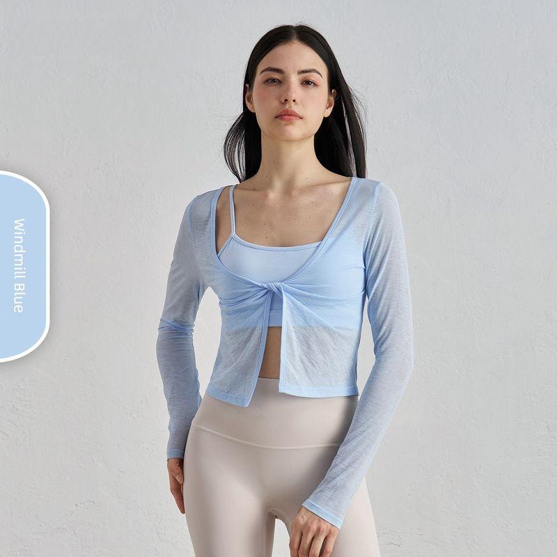 

Новое поступление Бамбуковая сетка Ощущение обнаженности Одежда для йоги Женский топ с перекручиванием Спортивная кофта с длинным рукавом Прохладная дышащая шаль Быстросохнущая Windmill blue Windmill blue S