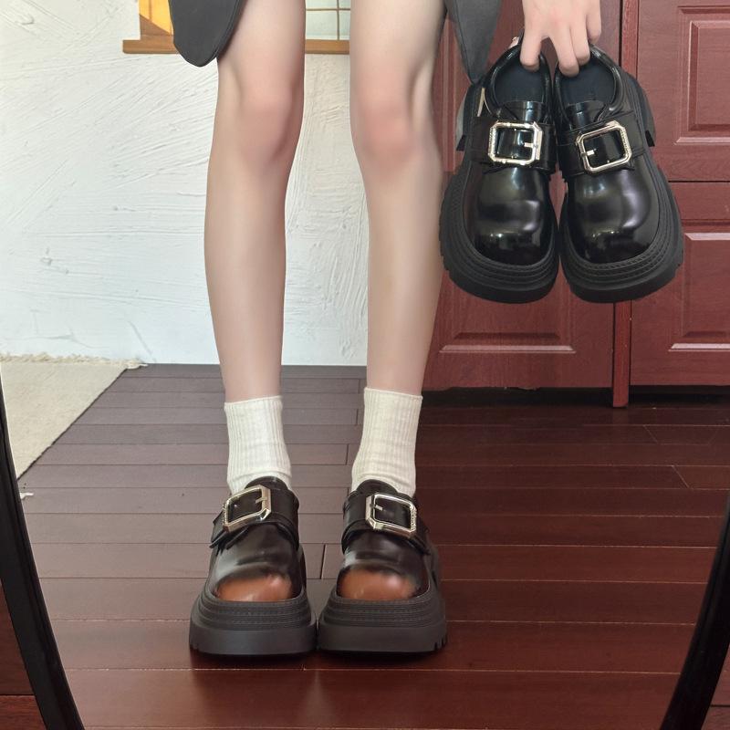Thick-soled Thick-heeled Small Leather Shoes for Women's 2025 Autumn and Winter New British Style Polished Single Shoes Muffin Bottom Square B