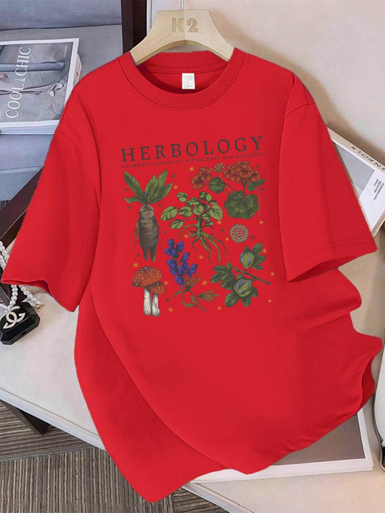 Summer T-Shirts Women Cotton Herbology Plant Composition Printed Tops O-Neck Comfortable Loose Short Sleeve Casual Woman Clothes