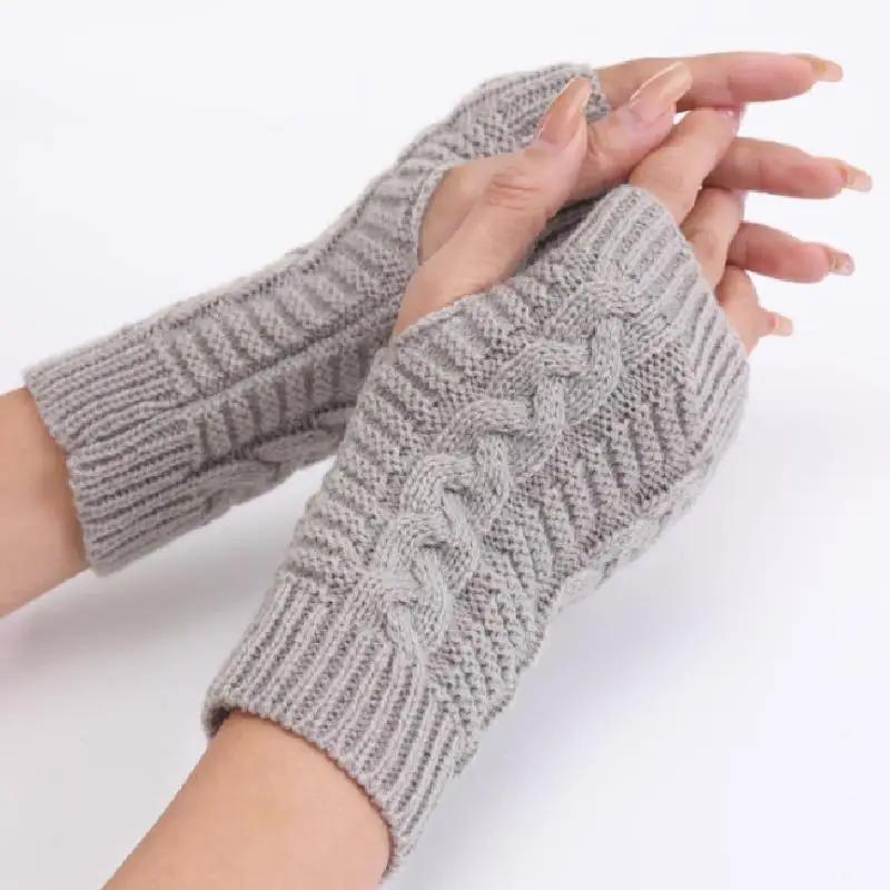 Winter Warm Knitted Fingerless Gloves Couple Half-Finger Twisted Cable Pattern Unisex Hand Warmer Mitts