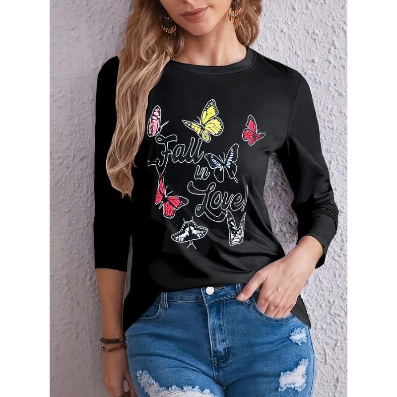 

Футболка с круглым вырезом с принтом бабочки, повседневный топ с длинными рукавами на весну и осень, женская одежда XXL