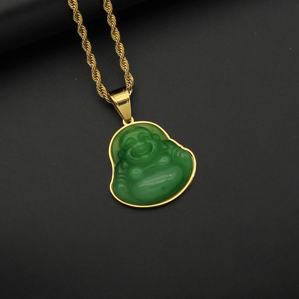 Green Jade Buddha Pendant Necklace 316 Stainless Steel Chain Plated 18k Gold Resin Maitreya Choker 20inches(50.80cm)&Pendant Size-30X42MM