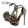 Fashion Liyke PVC Transparent Women Sexy Leopard Print Platform Sandal Fashion Big Flowers Open Toe Super High Heels Party Stripper Shoe