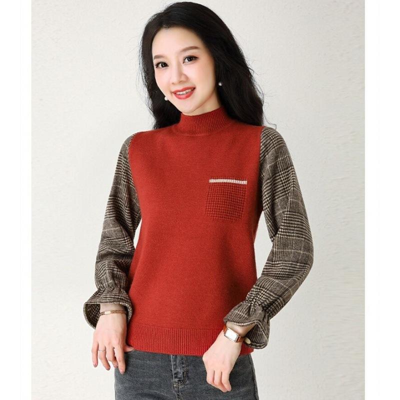 Autumn Winter Korean Version Fashionable Simple and Versatile Color Blocked Plaid Retro British Elastic Base Knitted Sweater Top for Women