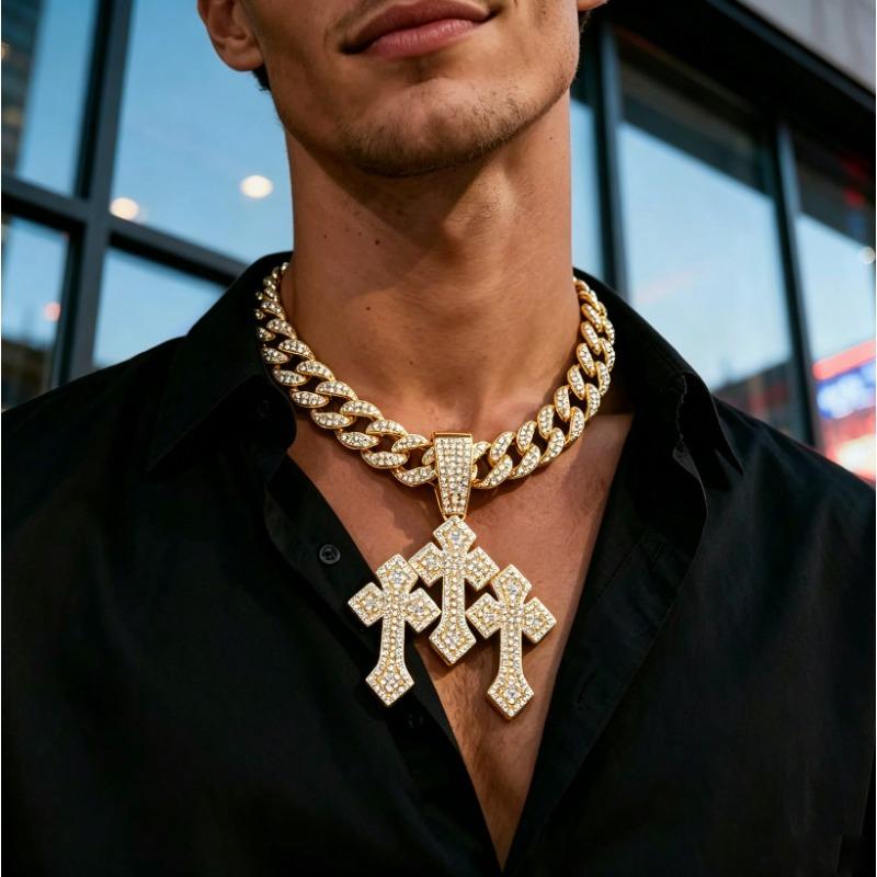 Hot Selling Men's Hip-hop Cuban Chain Necklace Alloy Inlaid with Rhinestones, 30 Character Stand Pendant, Personalized Rap Accessory