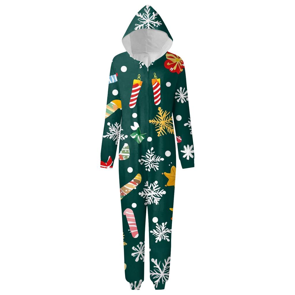 Christmas Print Family Matching Hooded Long Sleeved Zippered Jumpsuit Set