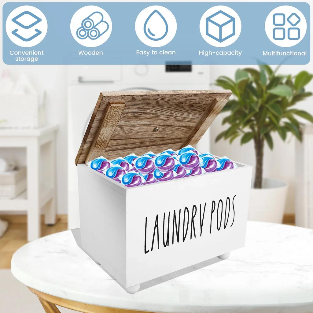 Laundry Pods Container Solid Wood Dryer Sheet Holder with Lid Multipurpose Dryer Storage Box for Laundry Room Kitchen Bathroom