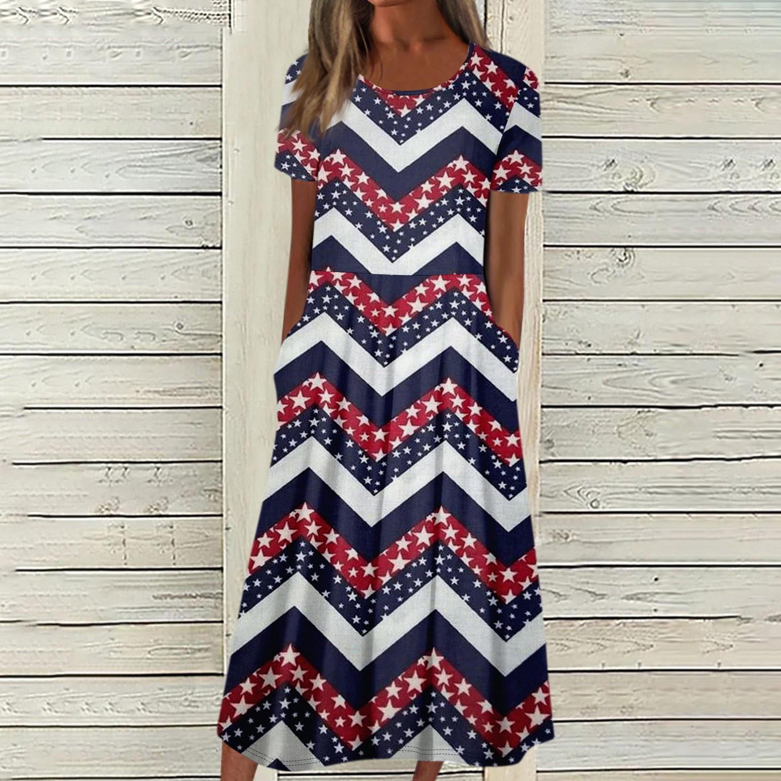 

Женское летнее повседневное модное платье с коротким рукавом и карманом на День независимости с коротким рукавом XXL