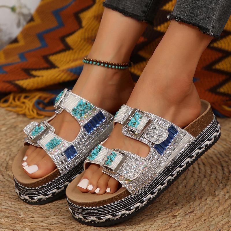 Hot-selling muffin thick-bottomed cool slippers women's summer new belt buckle rhinestone slippers