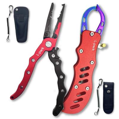 Fishing Pliers Set with Lightweight Aluminum Fishing Set of 2 Red with L-park Lock, Rust-Resistant, Tackle, (Red/Black + Lock)