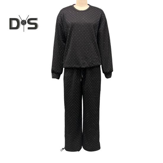 2 Pcs/Set Women Top Pants Suit Round Neck Long Sleeves Rhinestone Decor Sweatshirt Elastic Waist Wide Leg Trousers Daily Wear Sport Outfit Fall