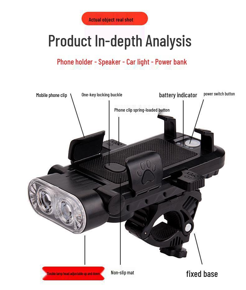 Luce Bicicletta ad Alta Luminosità: Supporto per Telefono Cellulare 4-in-1, Campanello, Fanale Posteriore e Anteriore con Ricarica USB per Ciclismo all'Aperto