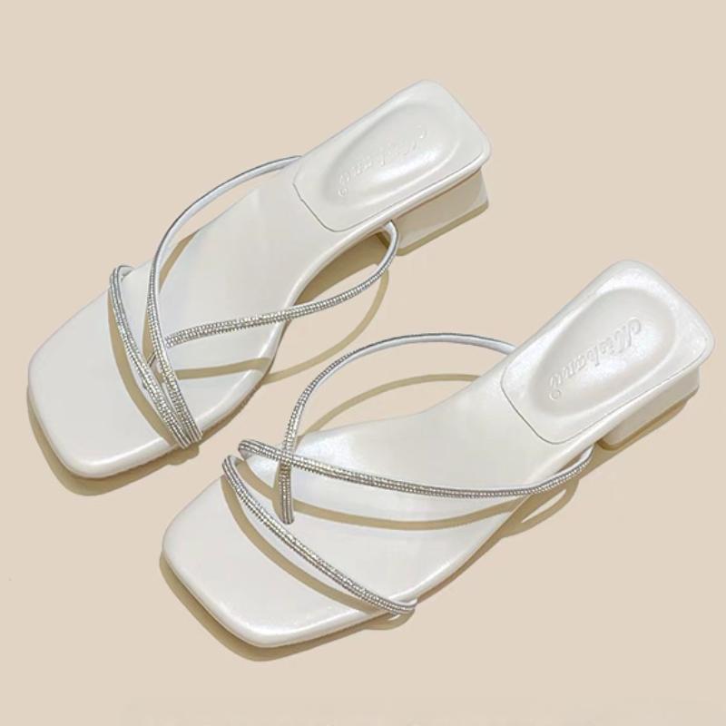 

Fashion Crystal Women Clip Toe Slippers Sexy Mid Heels Shoes 2025 New Heeled Slides Summer Trend Fad Flip Flops Chunky Chaussures Femme 40 покинуть белый