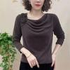 Women's Spring Fashion Tie Flowers Solid Pill Collar Long Sleeve Pullover Ruched Bright Silk Loose T-shirts Bottom Tops
