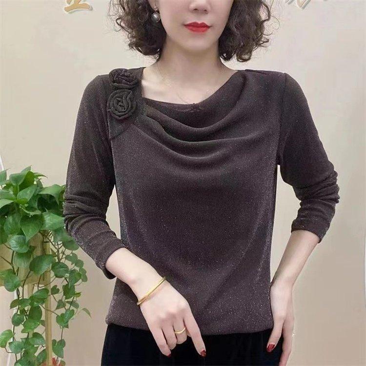 Women's Spring Fashion Tie Flowers Solid Pill Collar Long Sleeve Pullover Ruched Bright Silk Loose T-shirts Bottom Tops