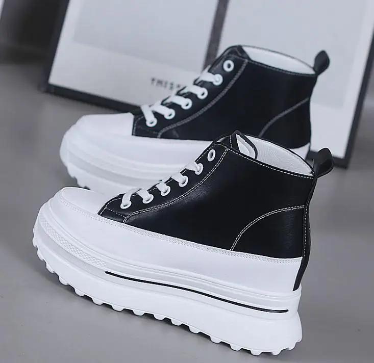 Fashion 8CM casual small white shoes High Top Wedge Sneakers Casual Shoes Lace Up Heels Black White Sneakers High Fashion Walking shoes