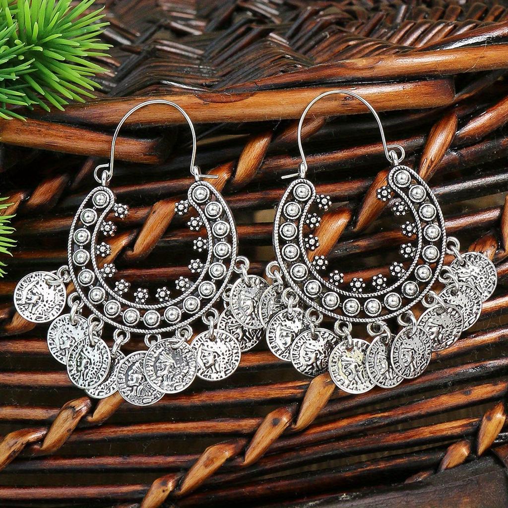 Boucles d'oreilles ethniques rétro pour femmes, crochets d'oreilles en forme de U, petits disques géométriques en alliage de zinc, boucles d'oreilles à pampilles pour toutes les saisons