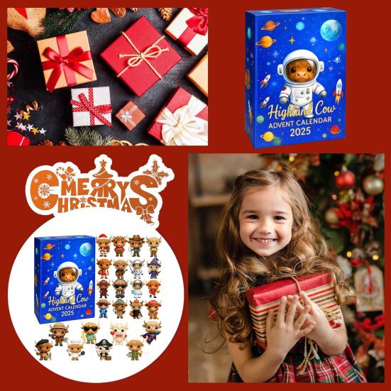 Astronaut Highland Cow Advent Calendar 24 Days Acrylic Ornament Box with Space Themed Surprises Christmas Countdown Decor for Kids