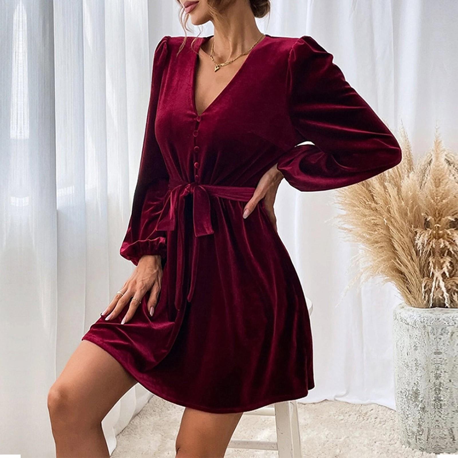

Женская повседневная модная трапециевидная юбка с v-образным вырезом на талии и длинными рукавами, бархатное сексуальное банкетное платье M винный